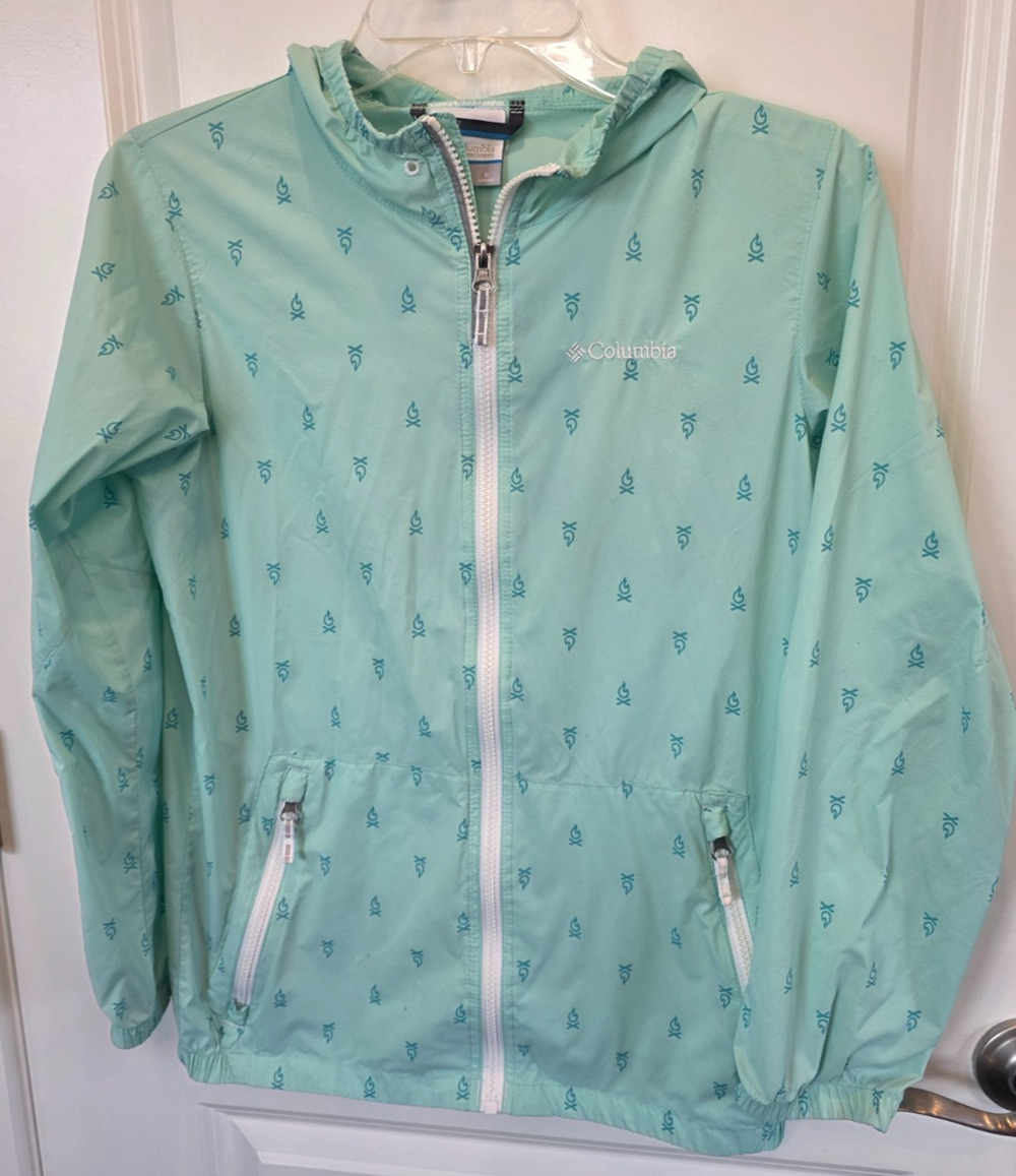 Columbia Hooded Windbreaker Rain Jacket Womens Large 14/16 Aqua Logo Lightweight
